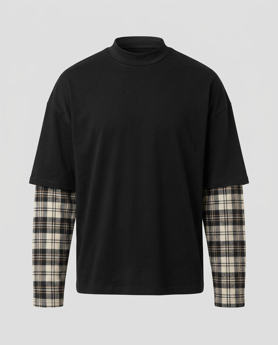T-shirt layered con maniche tartan