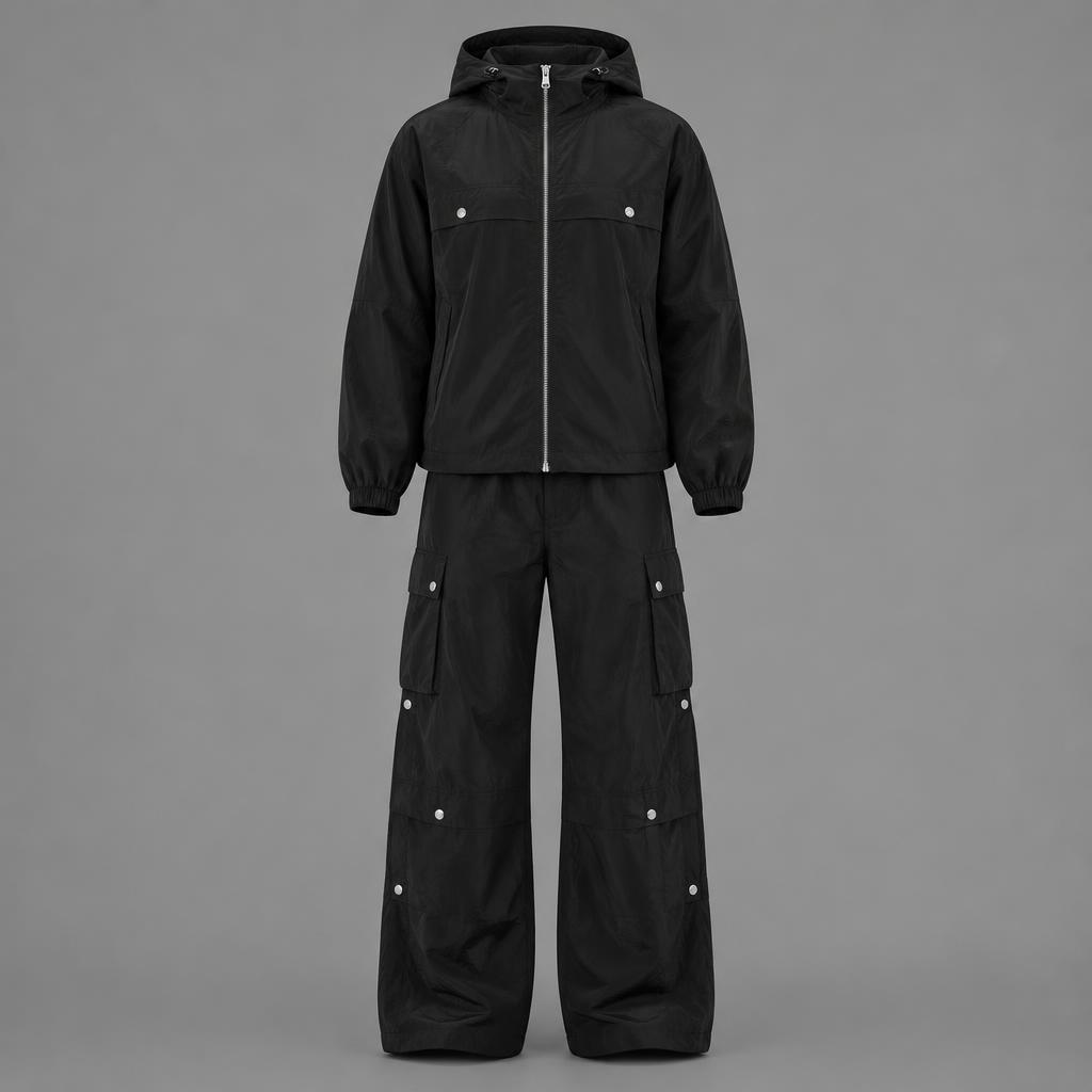 Completo nero con cappuccio e bottoni